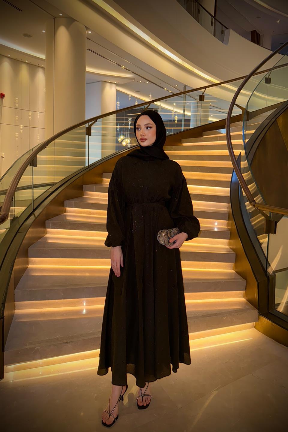 Simli Balon Kol Elbise - Kahve