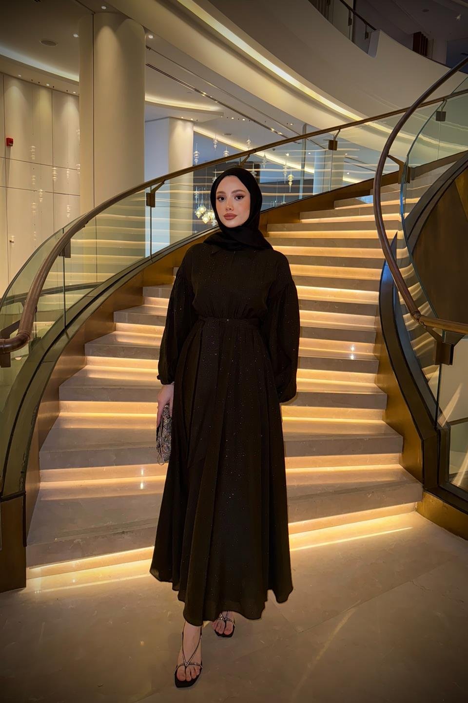 Simli Balon Kol Elbise - Kahve