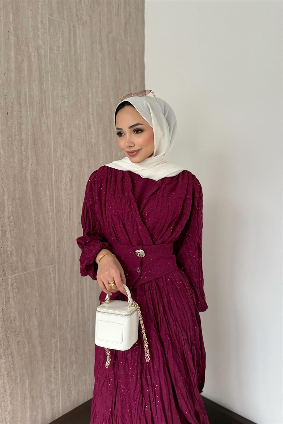 Simli Kraşlı Elbise - Bordo