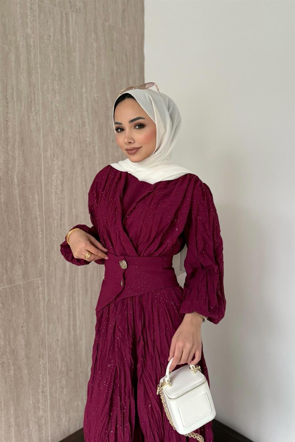 Simli Kraşlı Elbise - Bordo