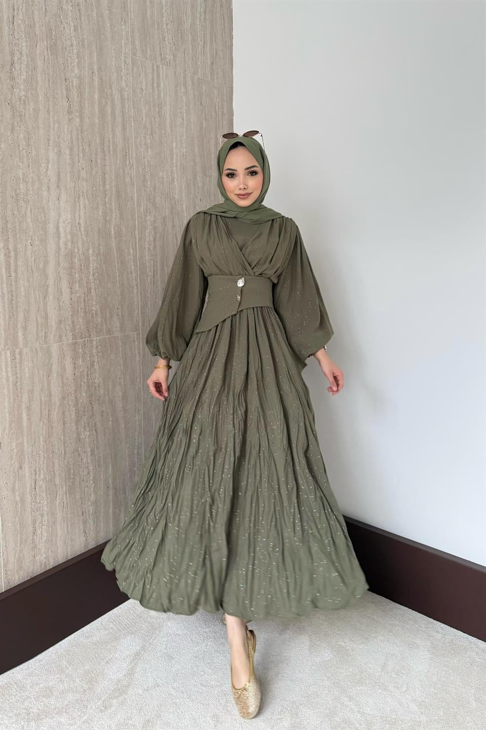 Simli Kraşlı Elbise - Haki