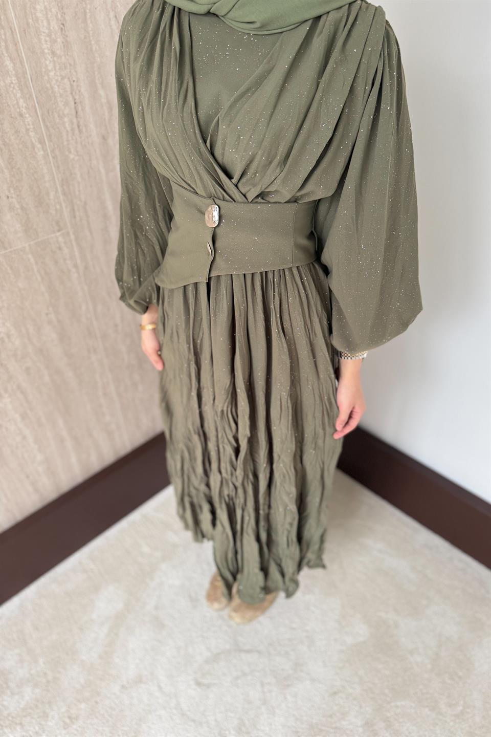 Simli Kraşlı Elbise - Haki