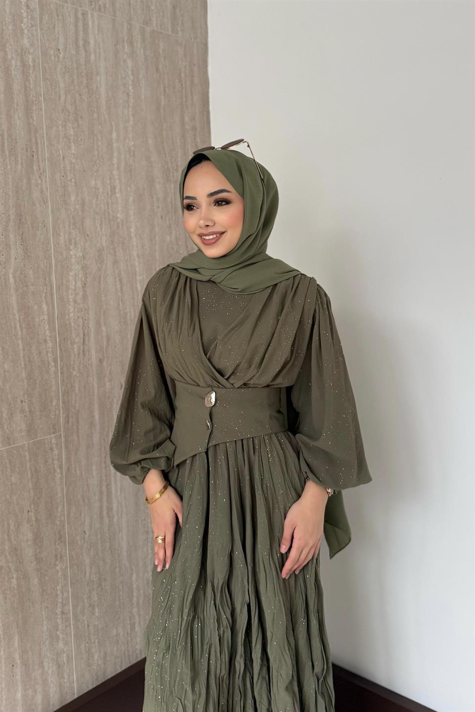 Simli Kraşlı Elbise - Haki