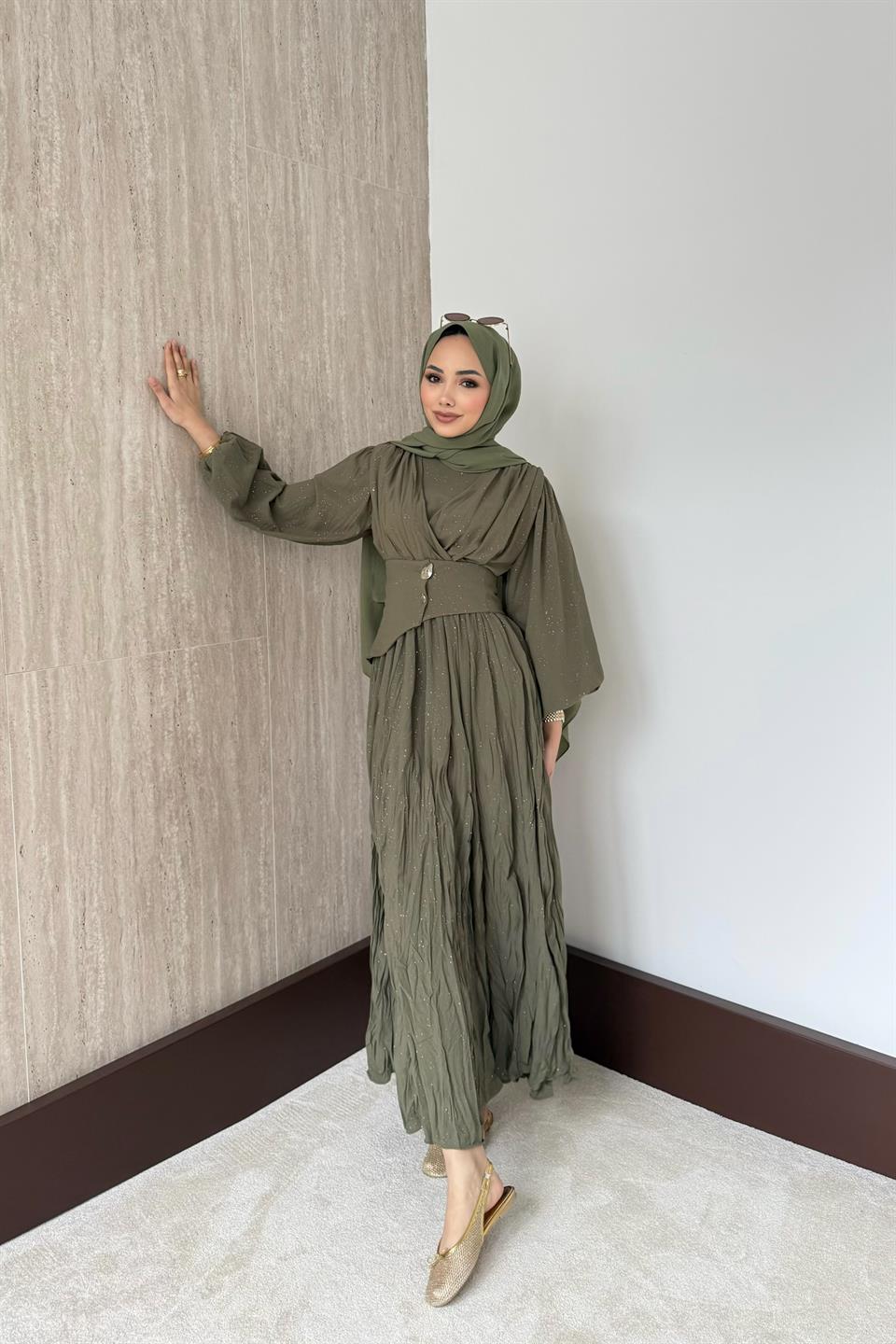 Simli Kraşlı Elbise - Haki