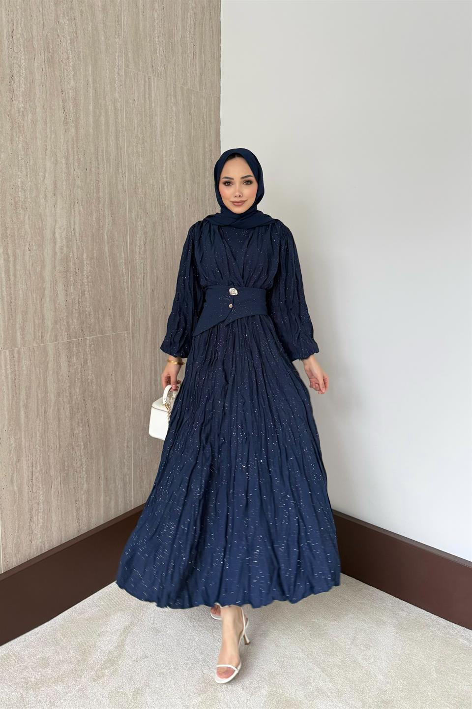 Simli Kraşlı Elbise - Lacivert