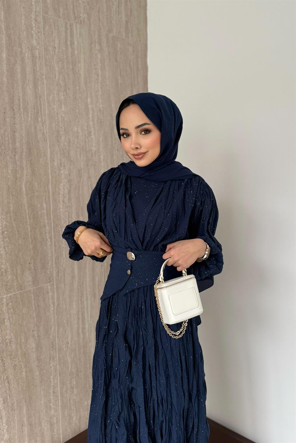 Simli Kraşlı Elbise - Lacivert