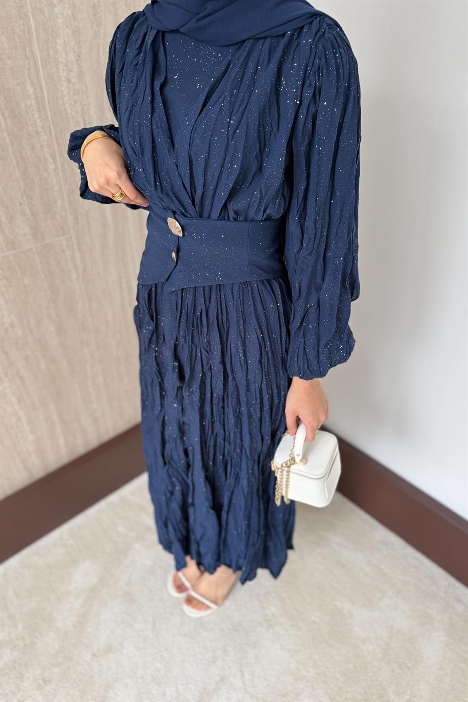 Simli Kraşlı Elbise - Lacivert