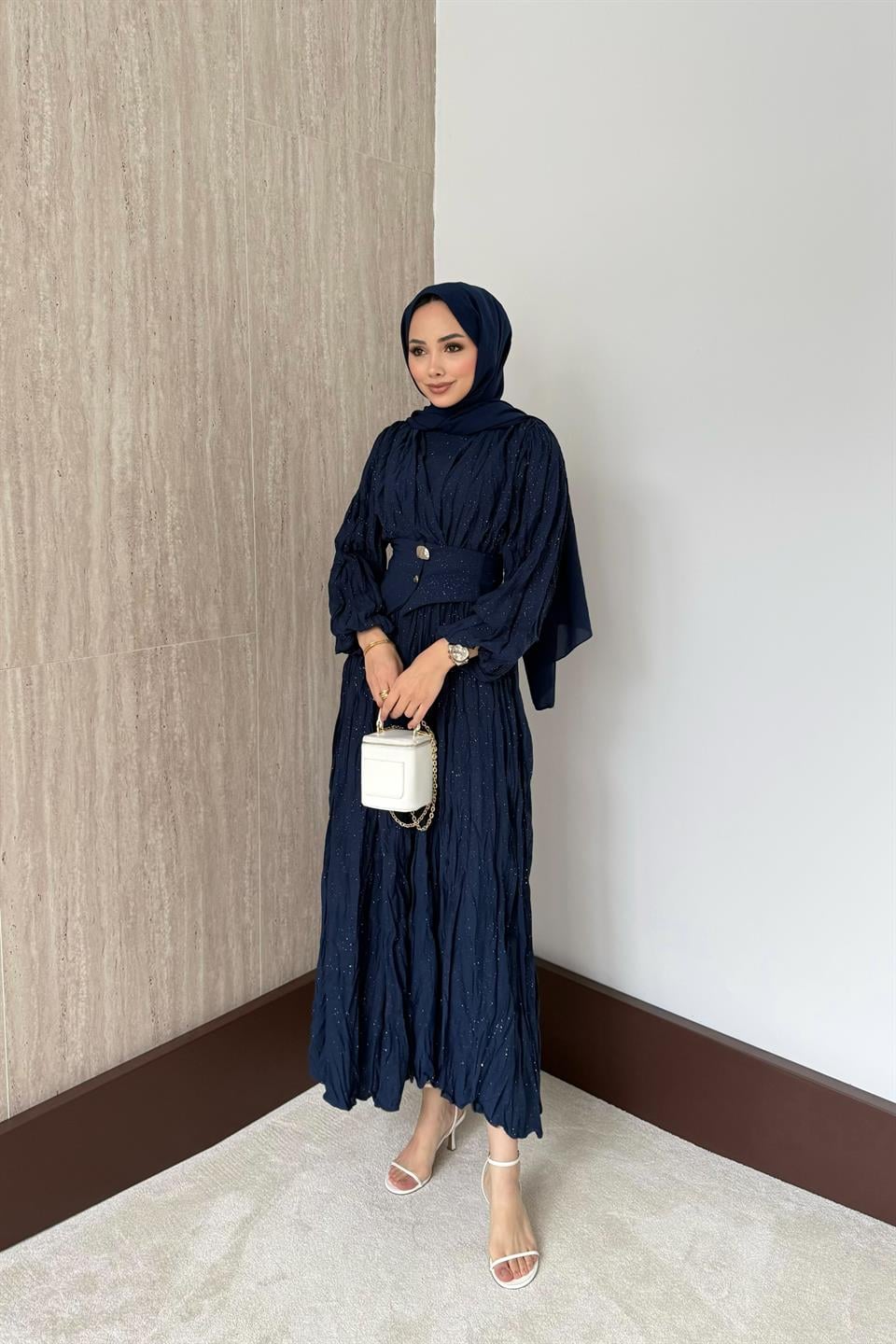 Simli Kraşlı Elbise - Lacivert