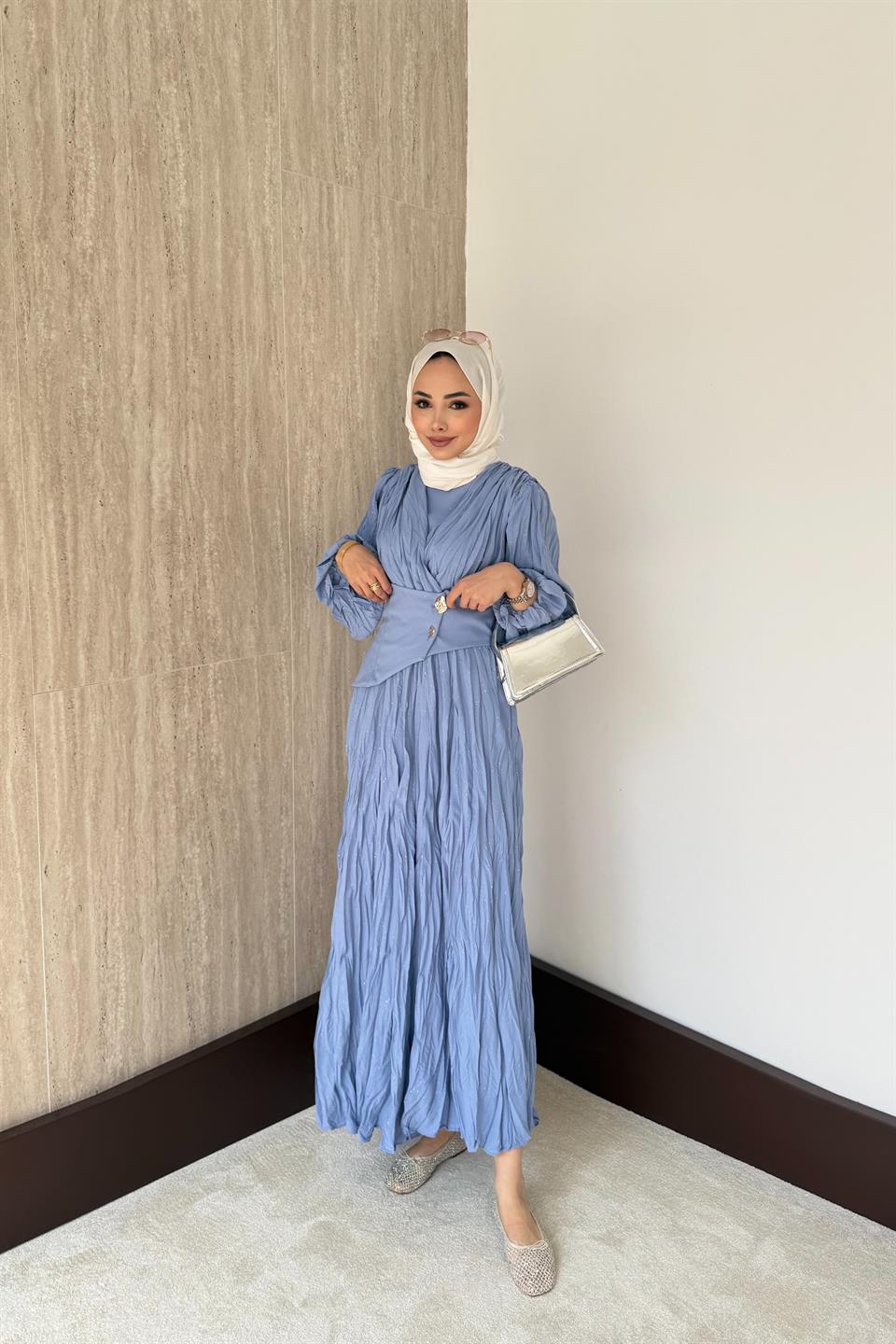 Simli Kraşlı Elbise - Mavi