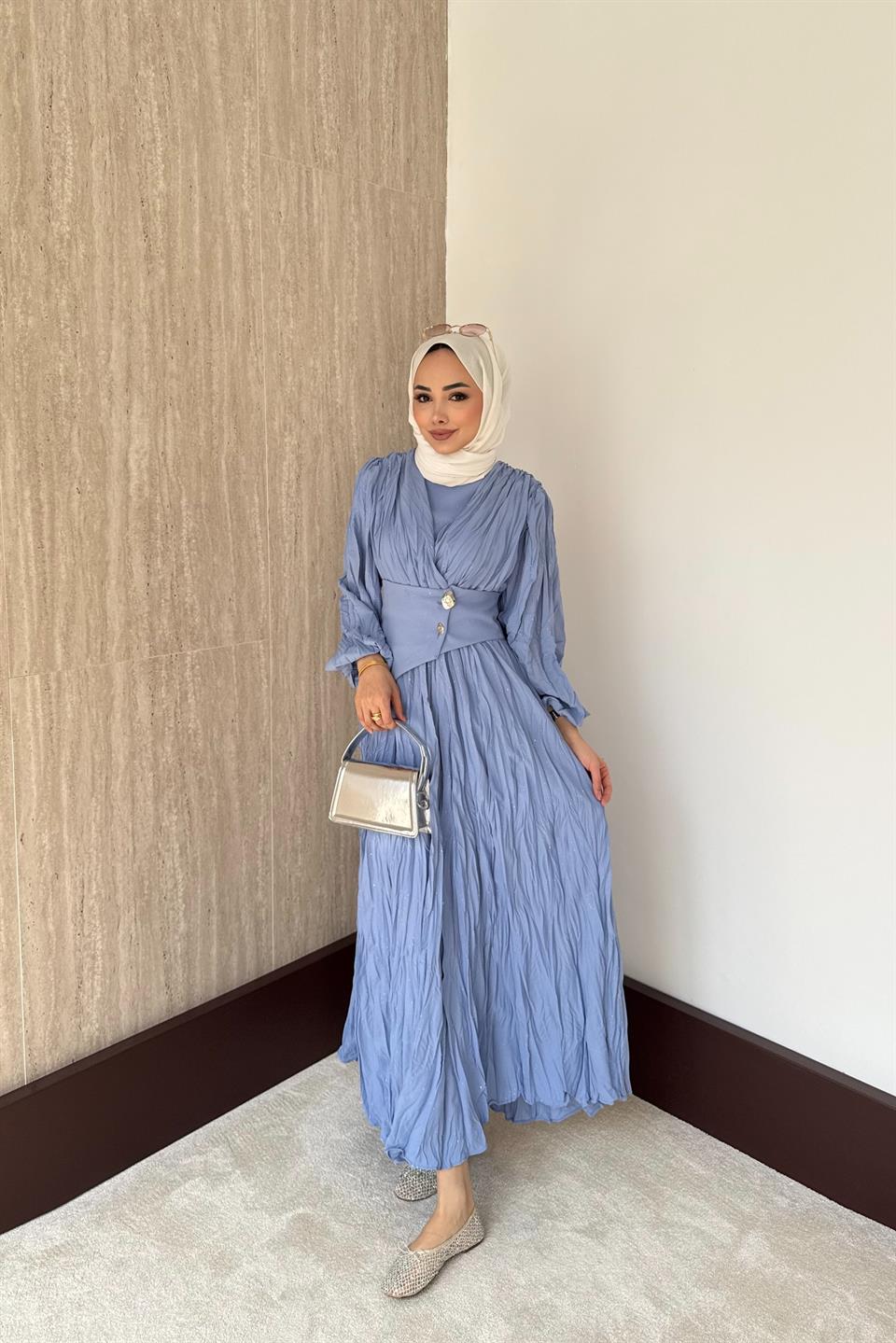 Simli Kraşlı Elbise - Mavi