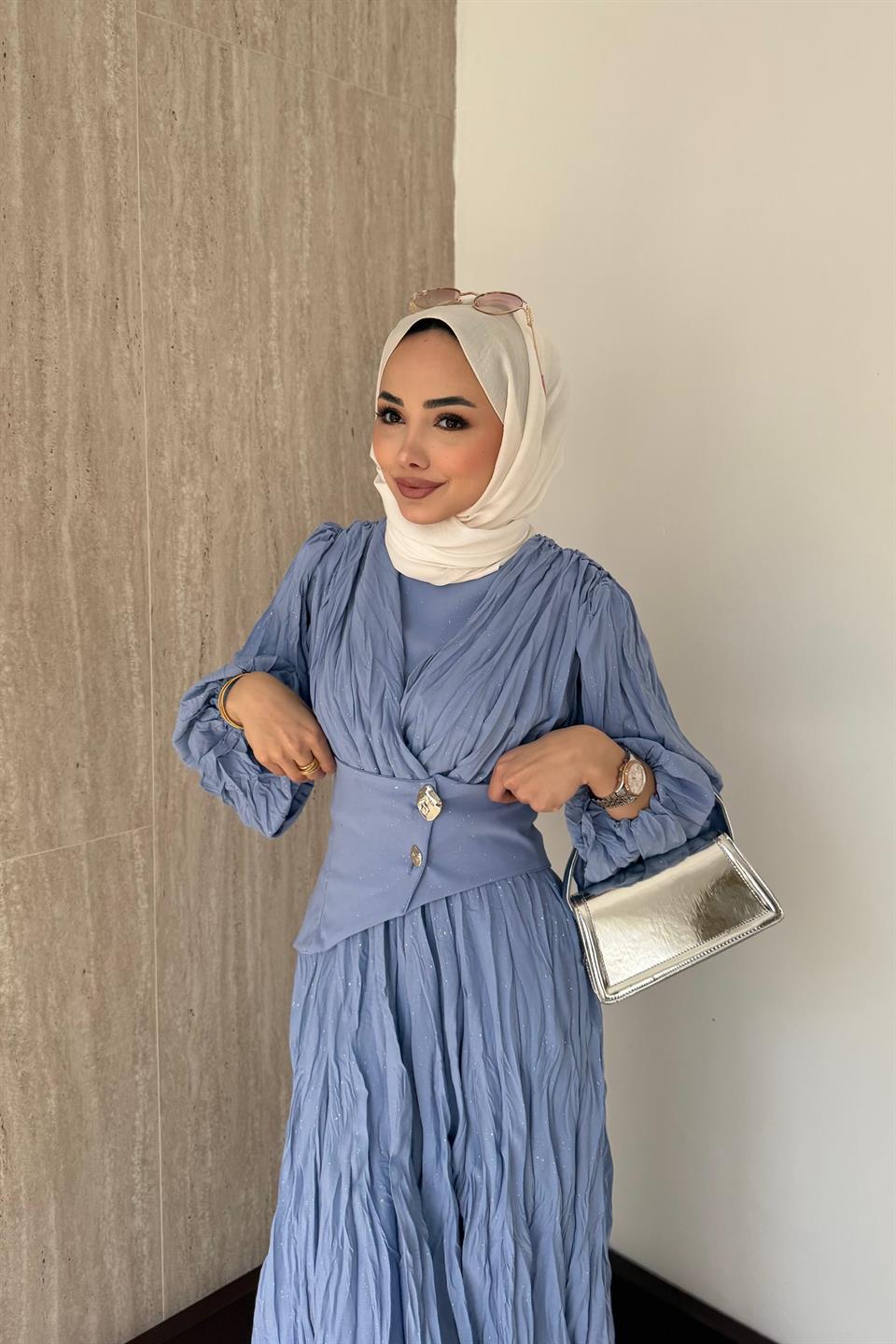 Simli Kraşlı Elbise - Mavi