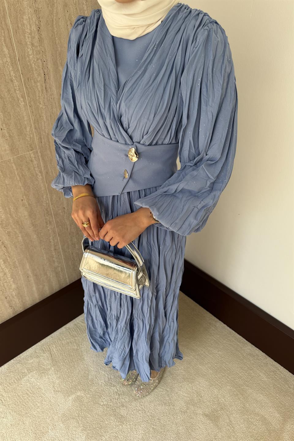 Simli Kraşlı Elbise - Mavi