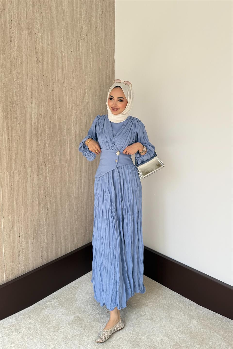 Simli Kraşlı Elbise - Mavi