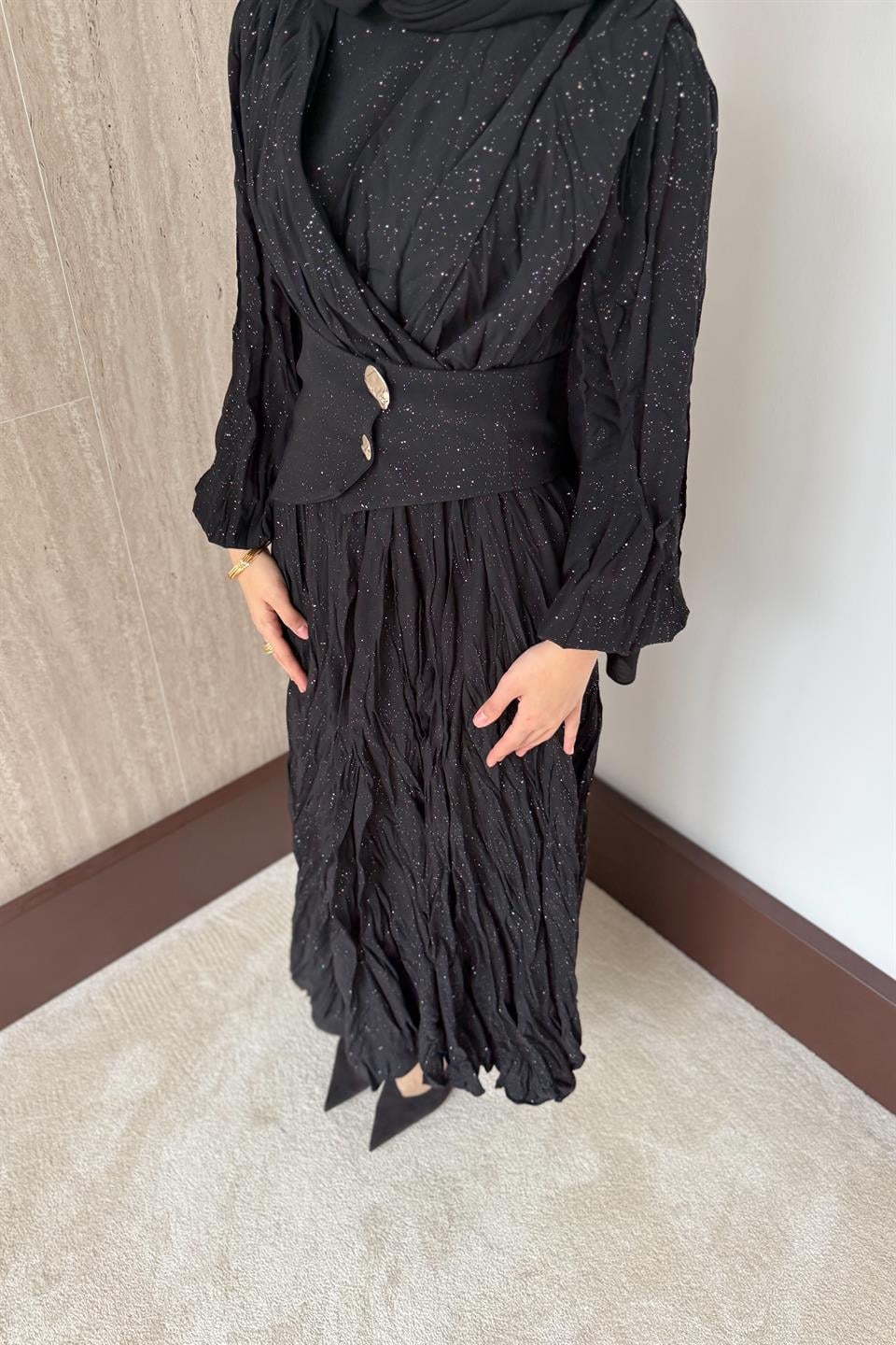 Simli Kraşlı Elbise - Siyah