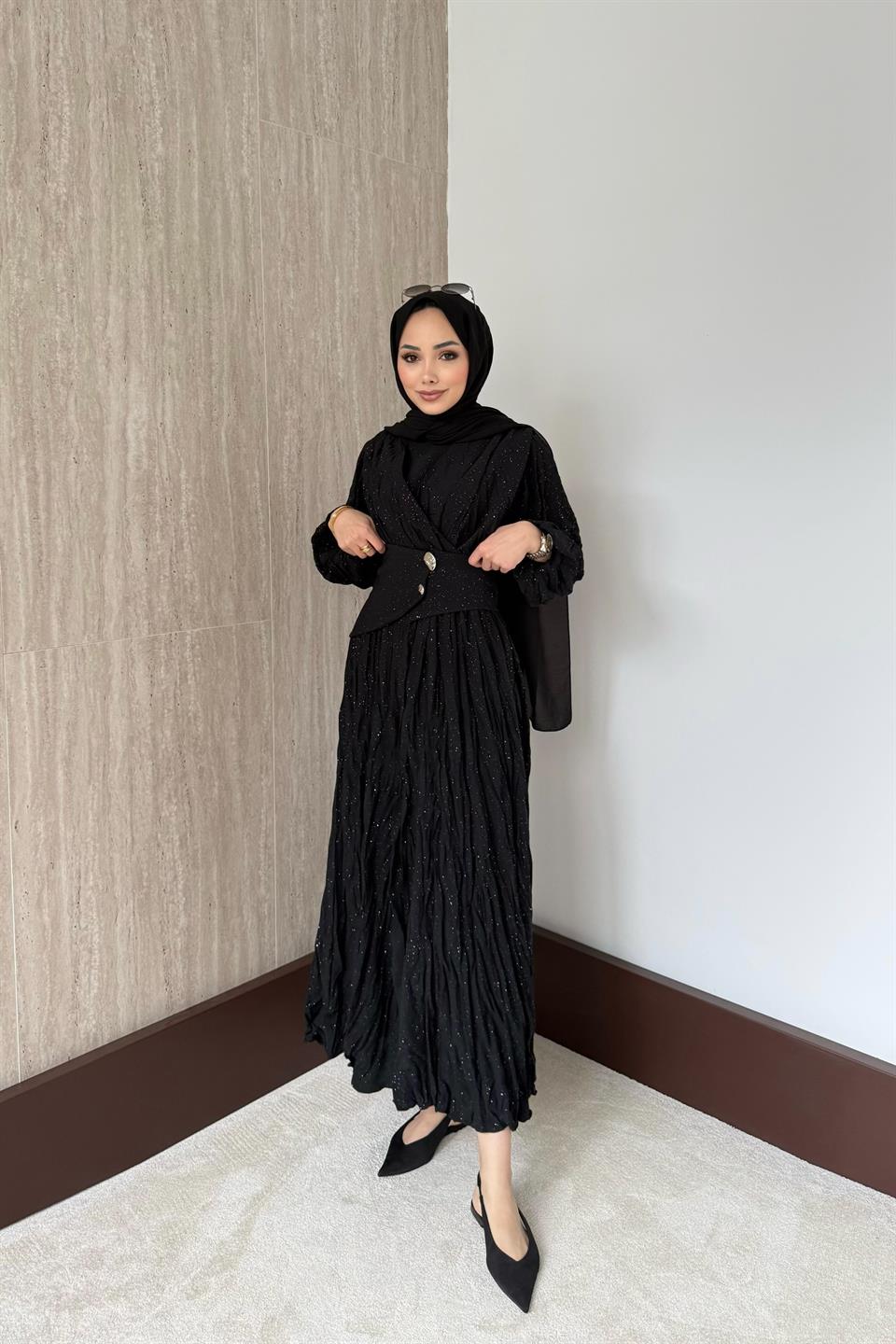 Simli Kraşlı Elbise - Siyah