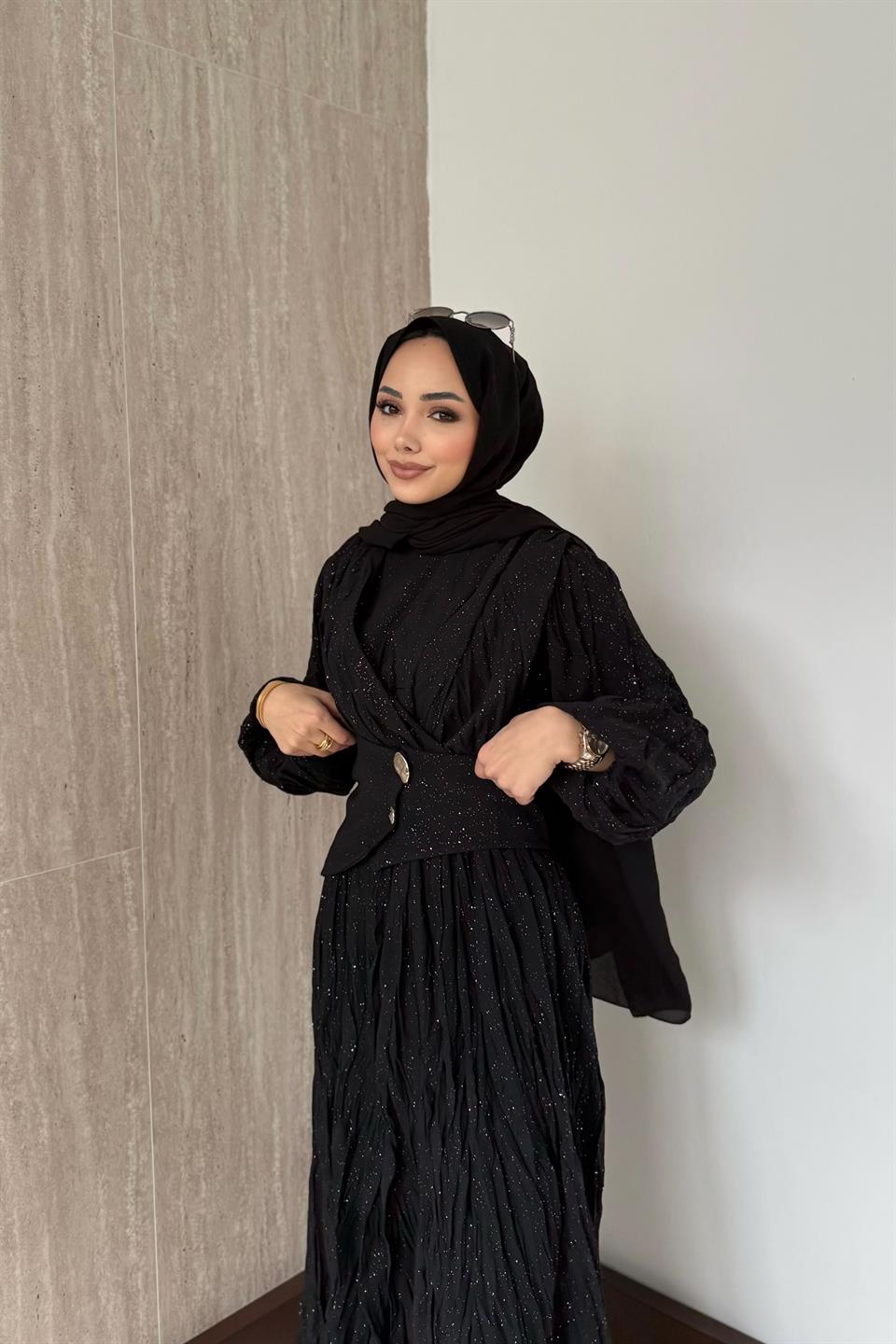 Simli Kraşlı Elbise - Siyah