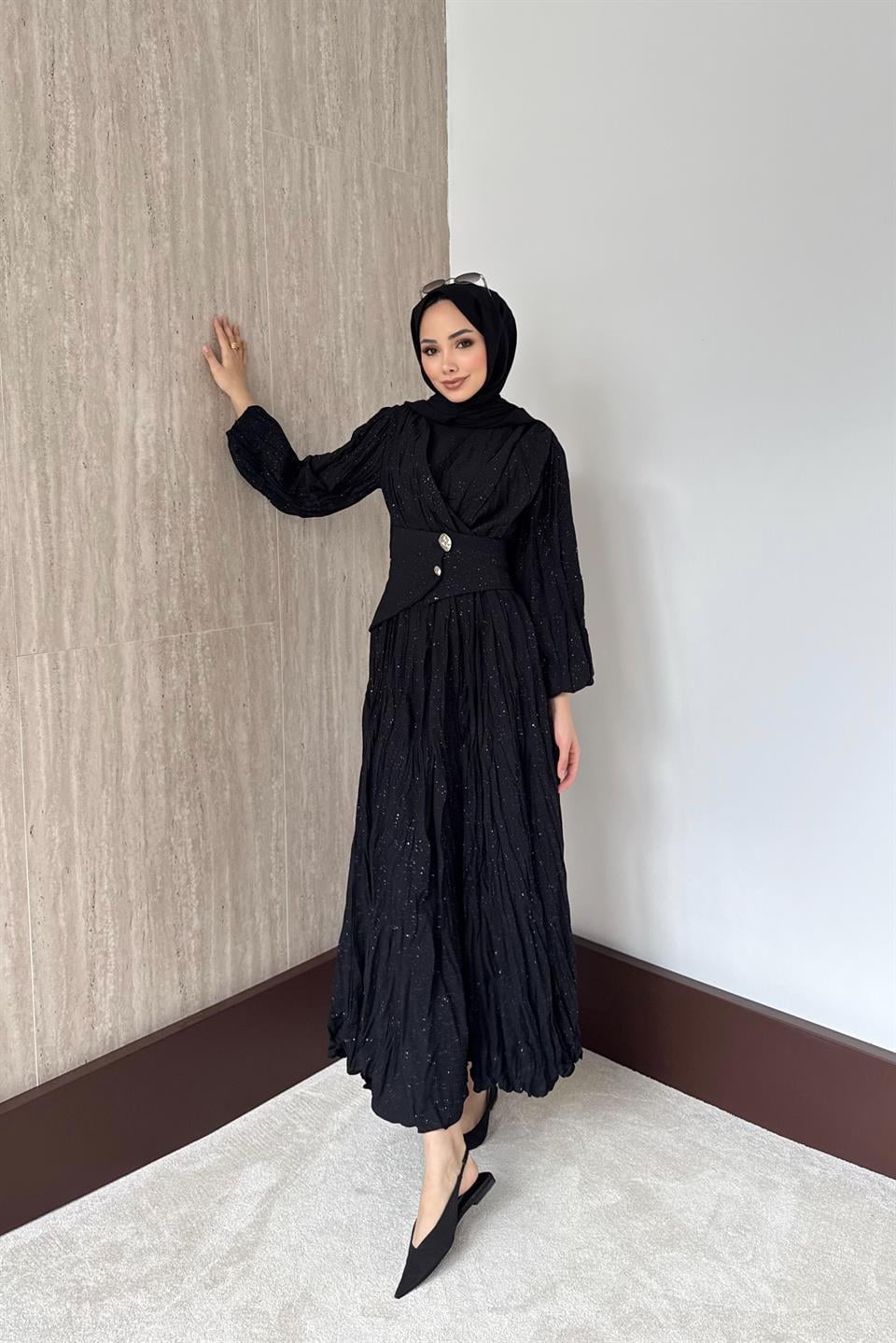 Simli Kraşlı Elbise - Siyah
