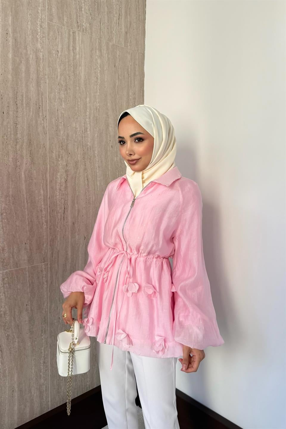 Simli Vual Ceket - Pembe