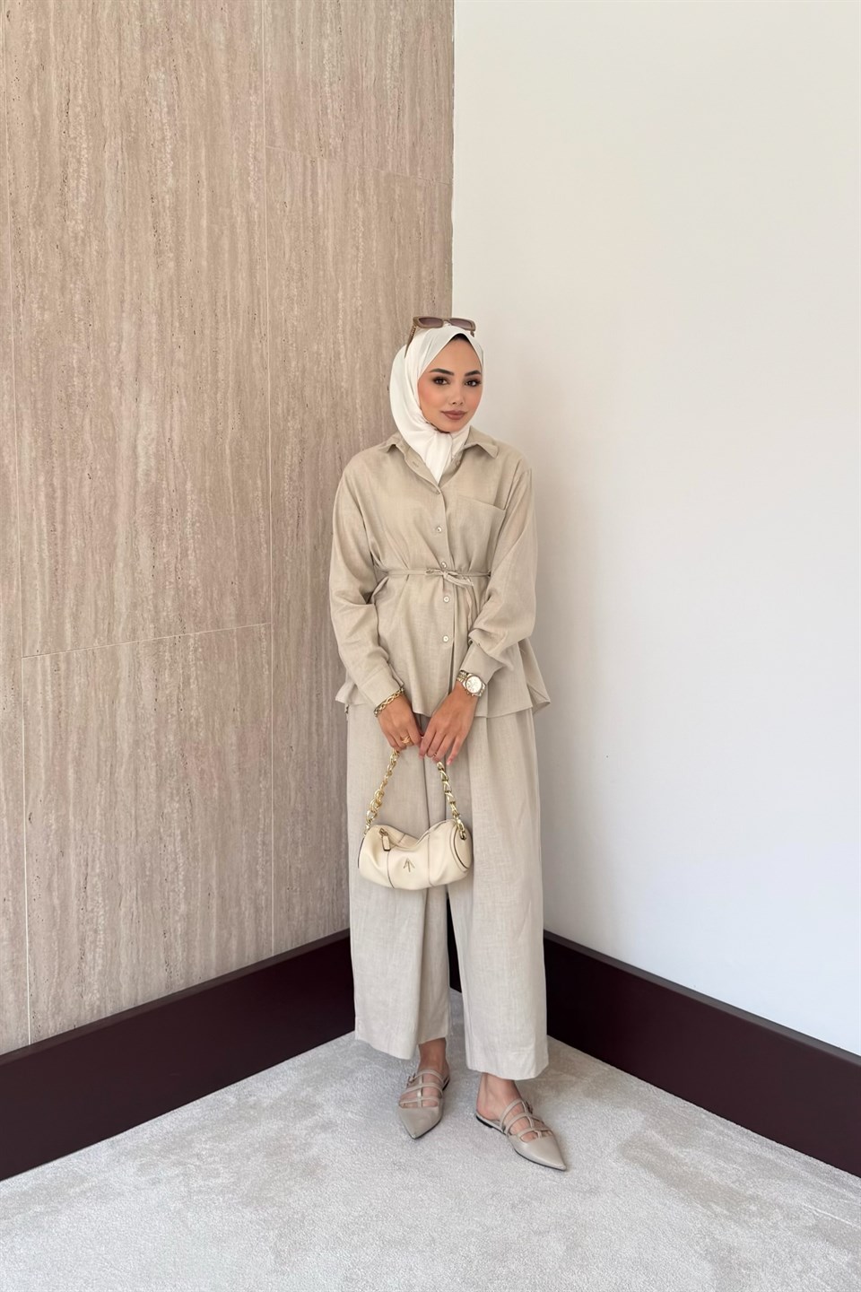 Sophia Keten Pantolonlu Takım - Bej