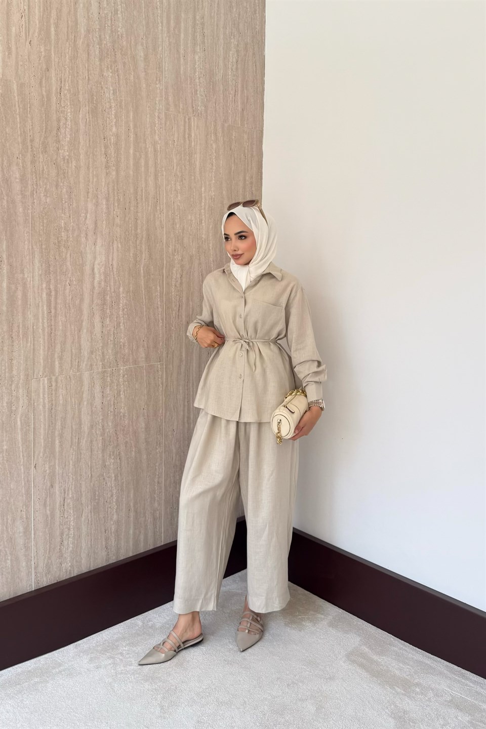 Sophia Keten Pantolonlu Takım - Bej