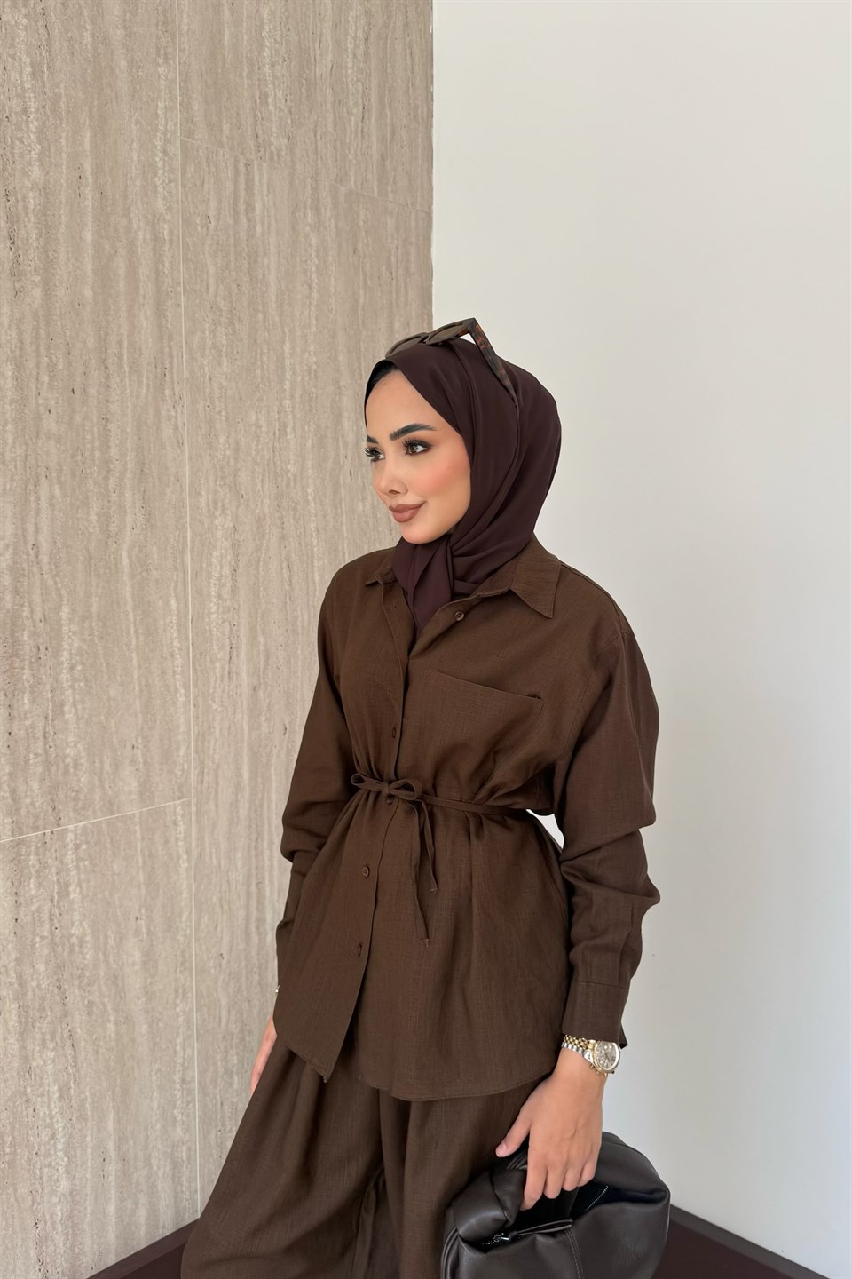 Sophia Keten Pantolonlu Takım - Kahve
