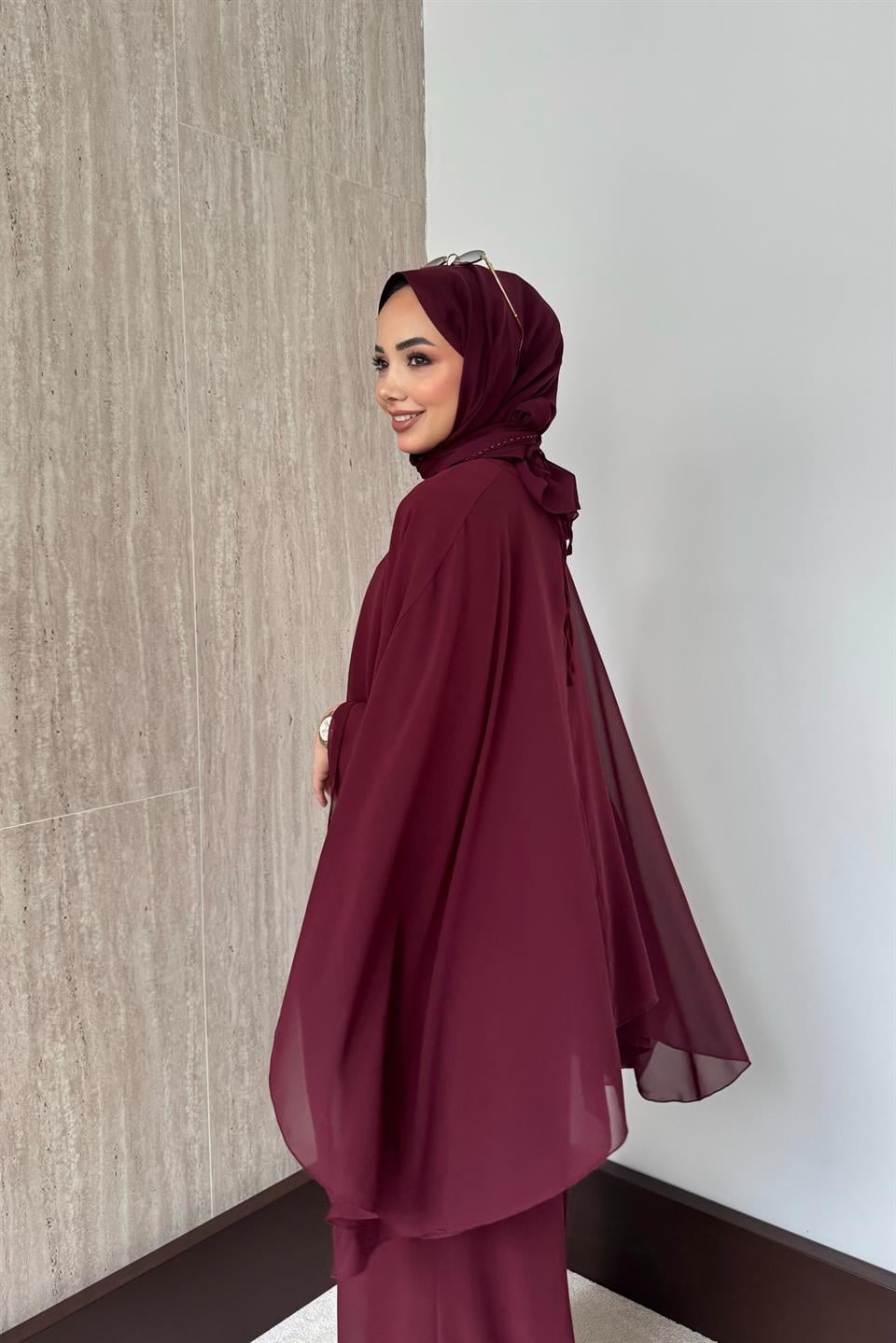 Stella Şifon Pantolonlu Takım - Bordo