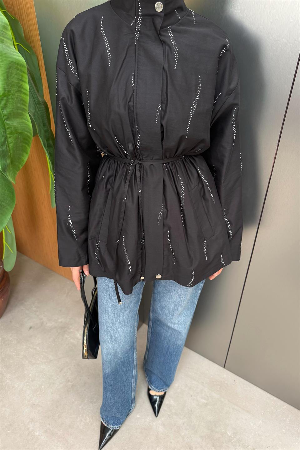 Stone Embroidered Trench Coat - Black