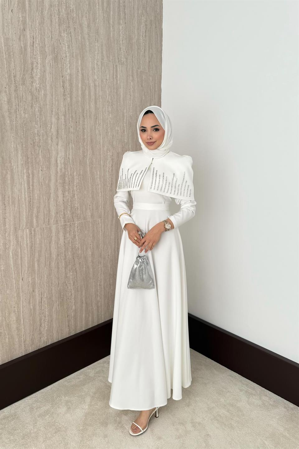 Taşlı Bolerolu Elbise - Ekru