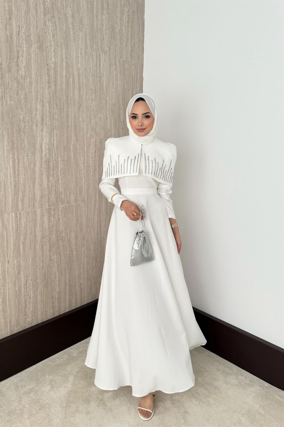 Taşlı Bolerolu Elbise - Ekru