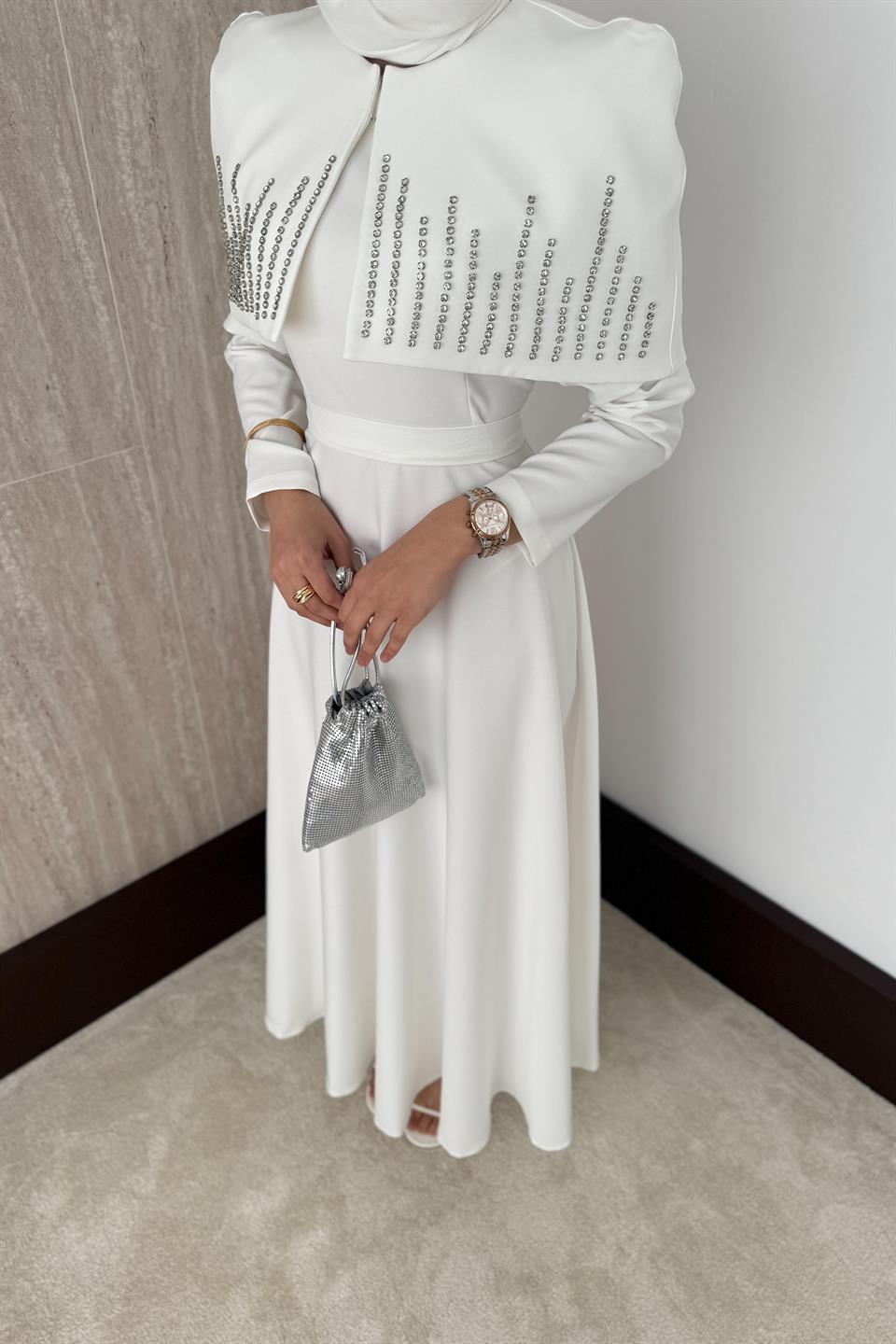 Taşlı Bolerolu Elbise - Ekru