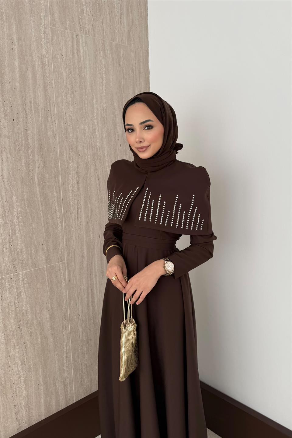 Taşlı Bolerolu Elbise - Kahve