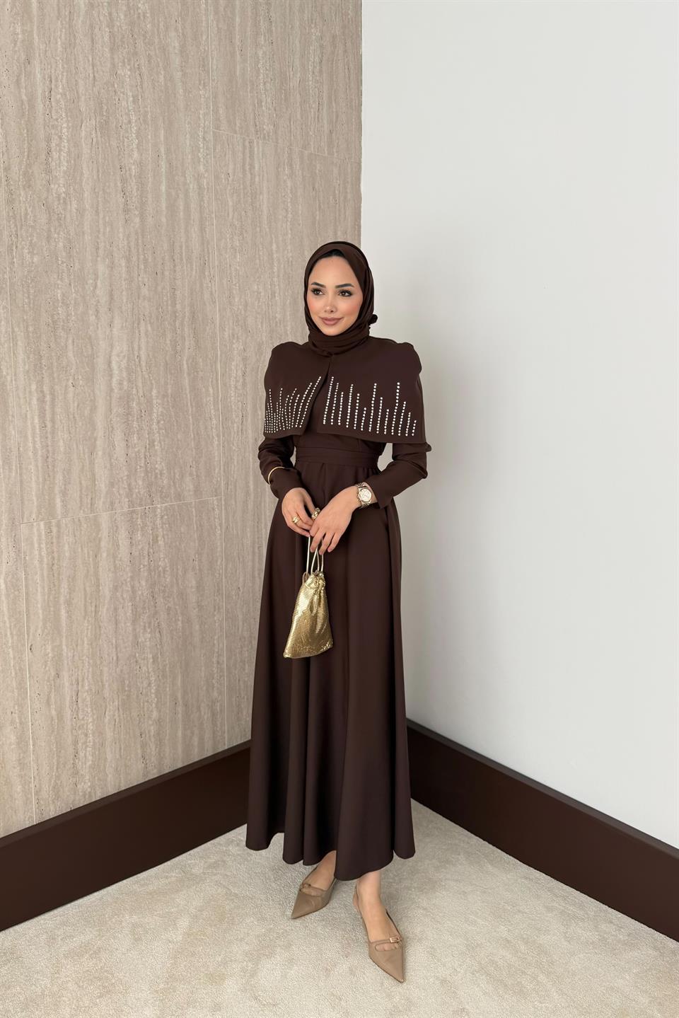 Taşlı Bolerolu Elbise - Kahve