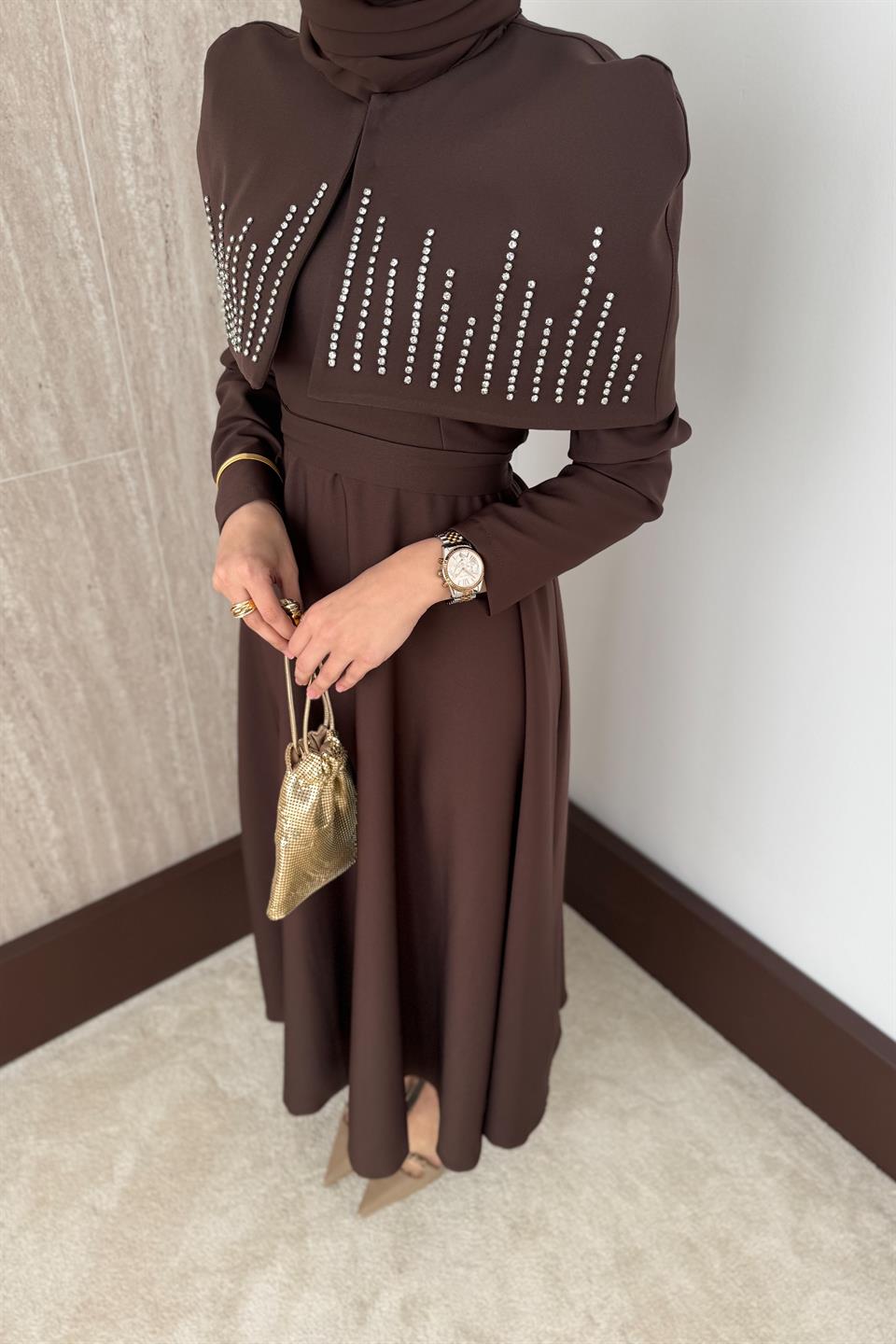 Taşlı Bolerolu Elbise - Kahve