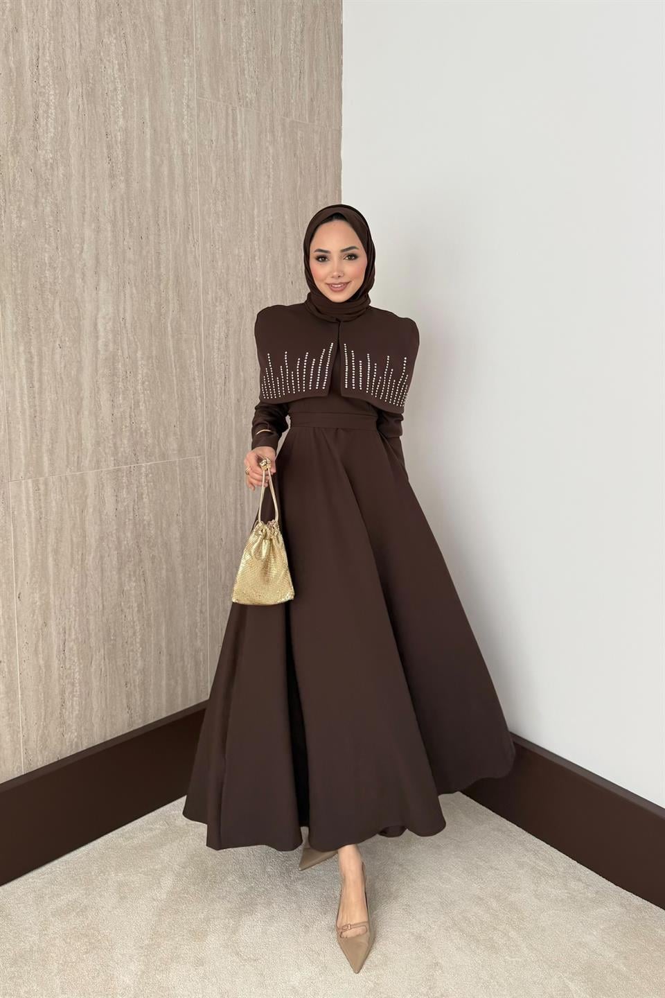 Taşlı Bolerolu Elbise - Kahve