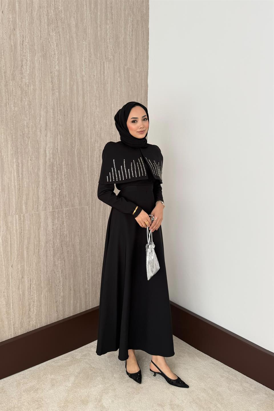 Taşlı Bolerolu Elbise - Siyah