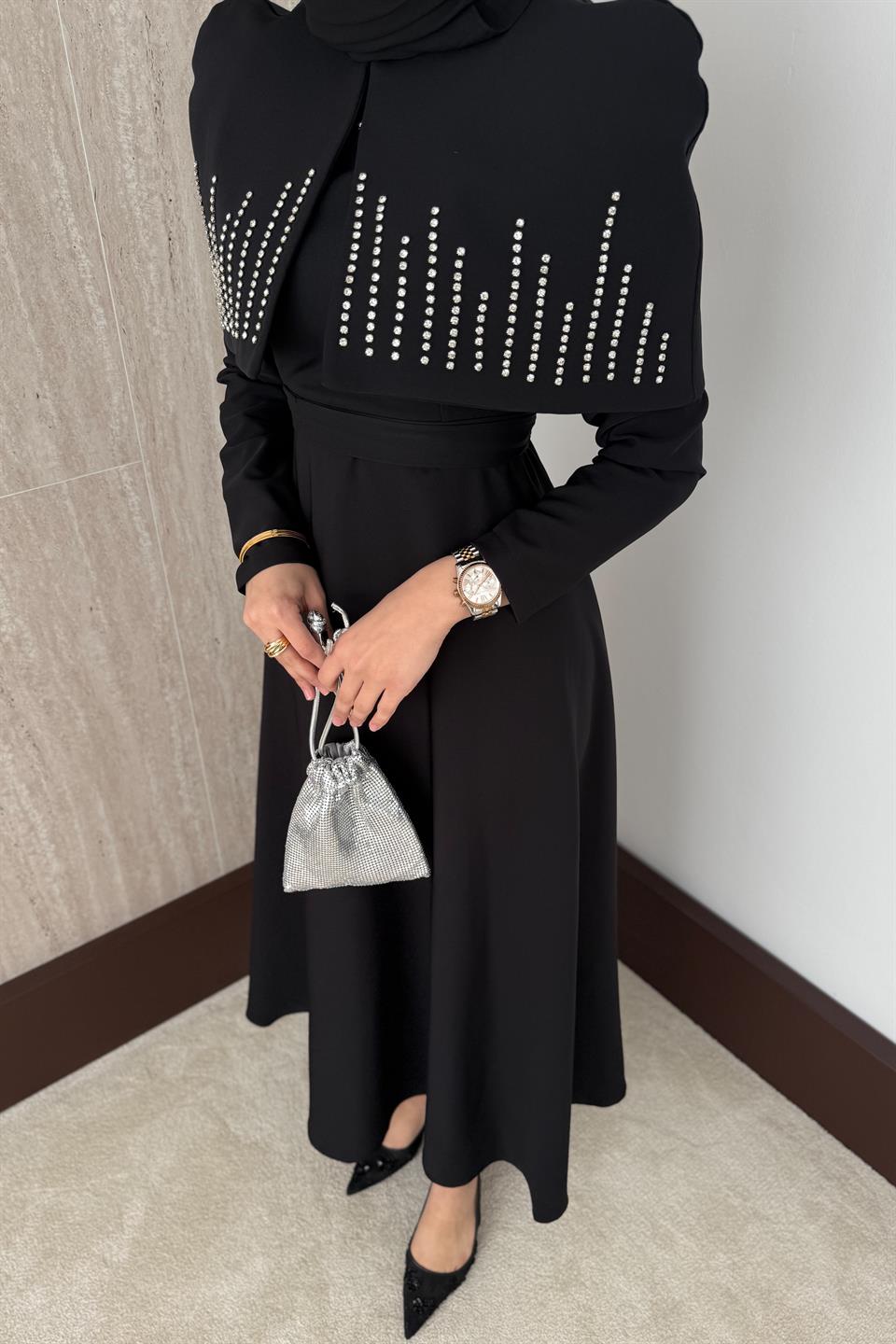 Taşlı Bolerolu Elbise - Siyah