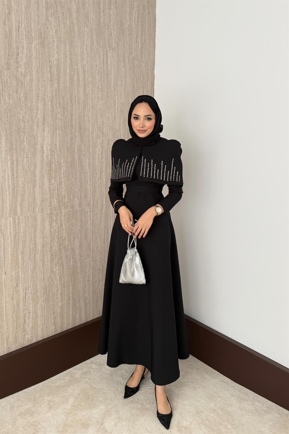 Taşlı Bolerolu Elbise - Siyah