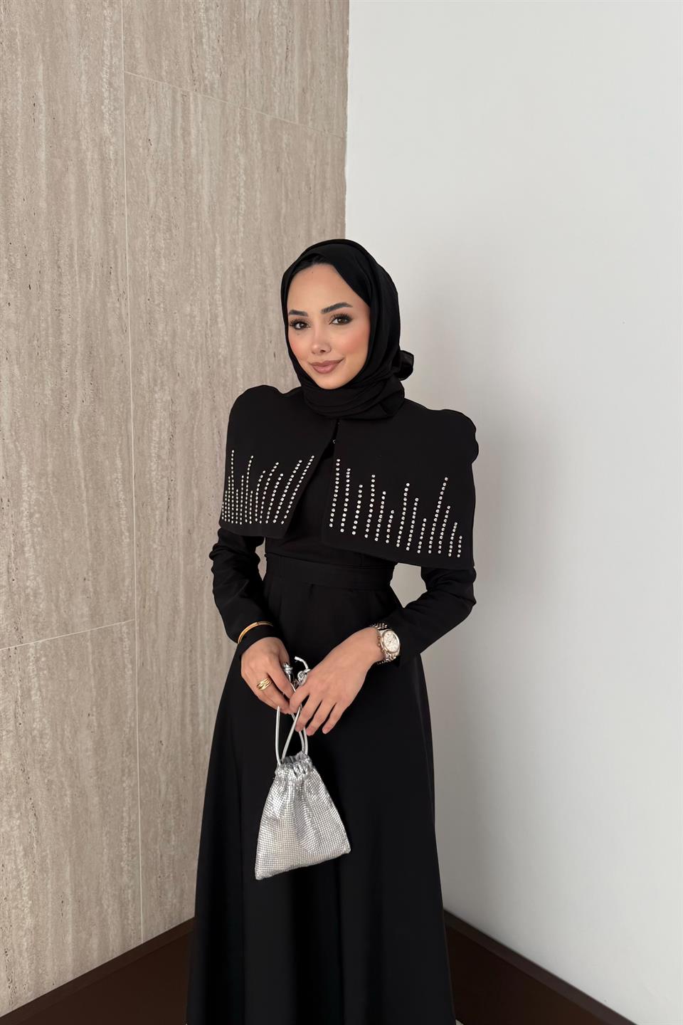 Taşlı Bolerolu Elbise - Siyah