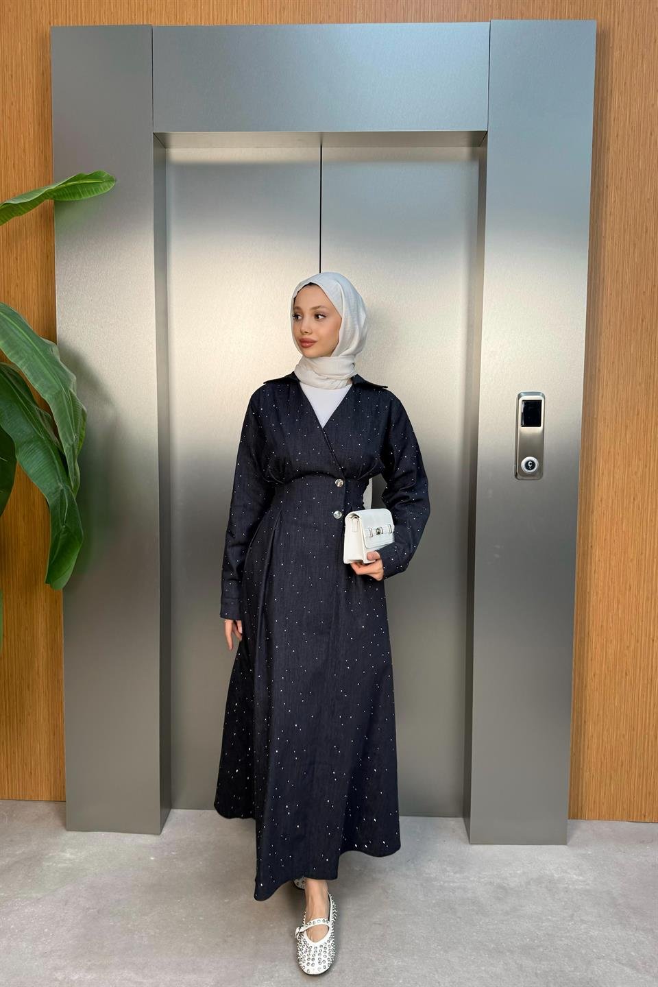 Stoned Denim Dress - Blue