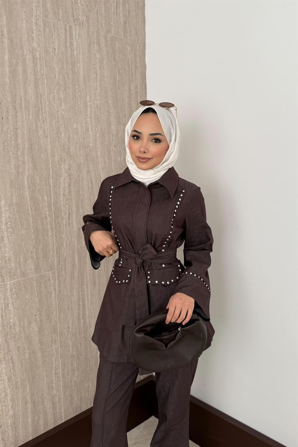 Taşlı Kot Pantolonlu Takım - Kahve