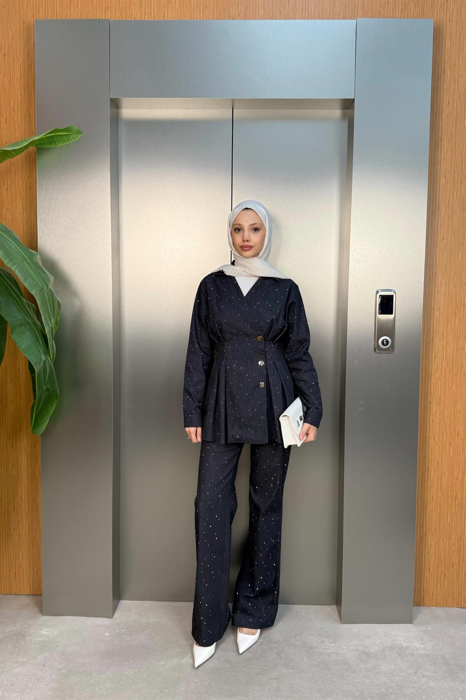 Taşlı Kot Pantolonlu Takım - Mavi