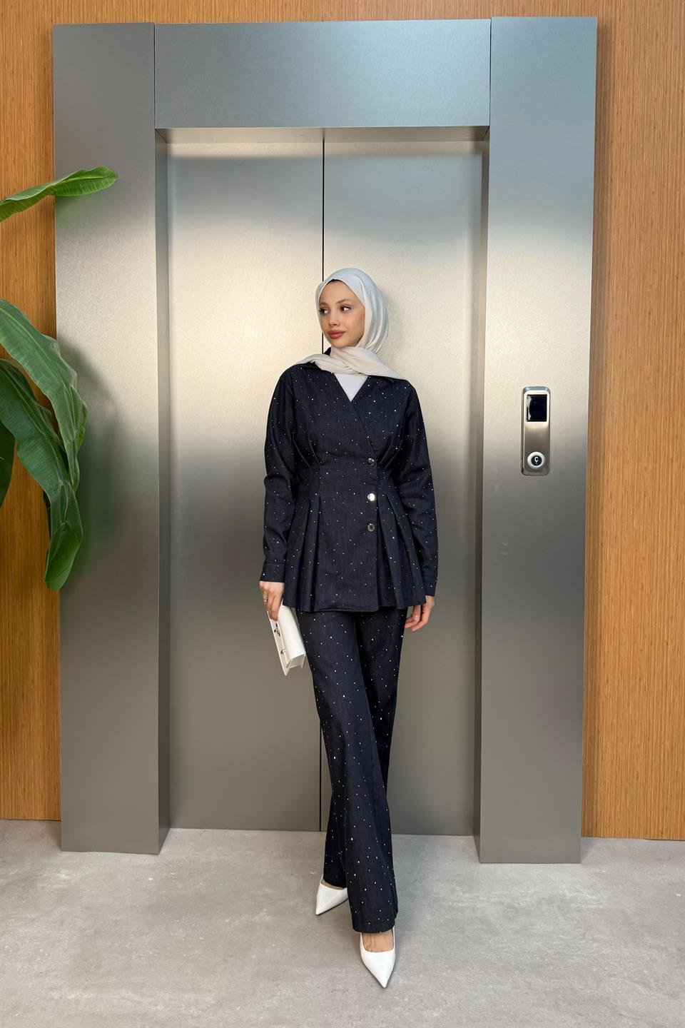 Taşlı Kot Pantolonlu Takım - Mavi