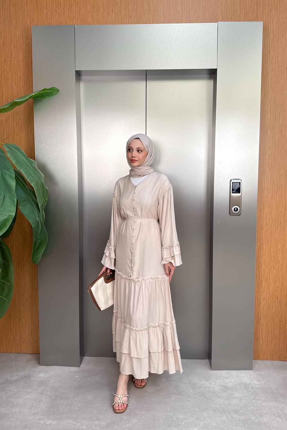 V-Neck Buttoned Dress - Beige