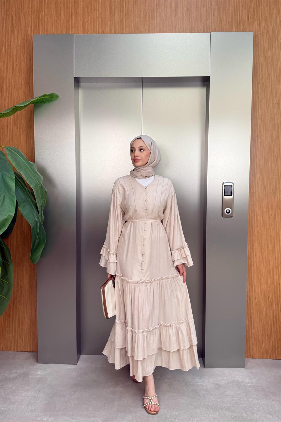 V-Neck Buttoned Dress - Beige