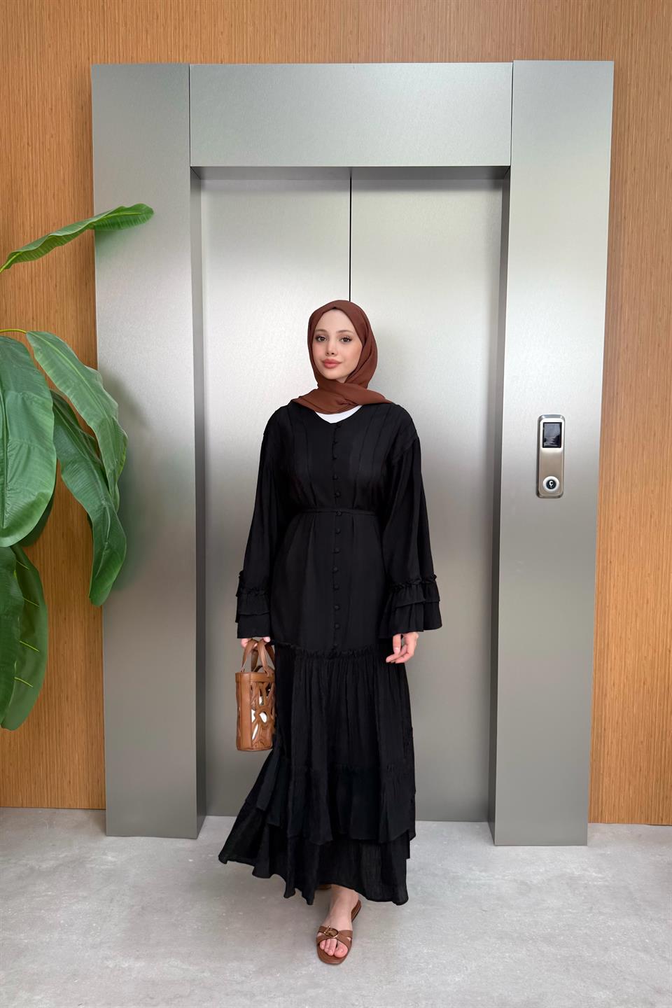 V-Neck Buttoned Dress - Black