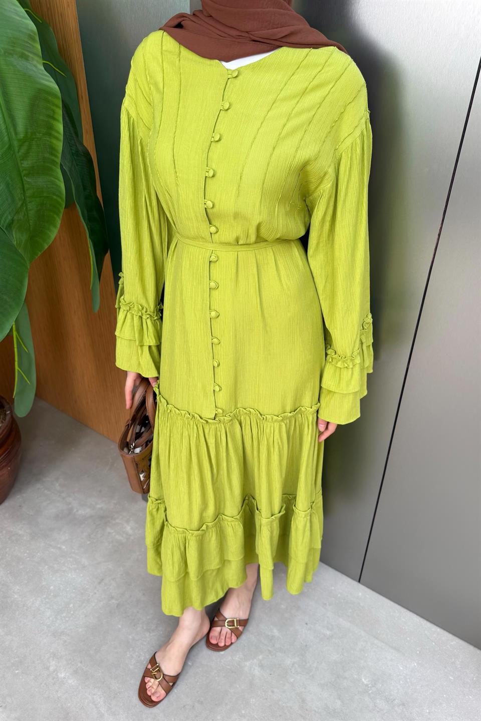 V-Neck Buttoned Dress - Green