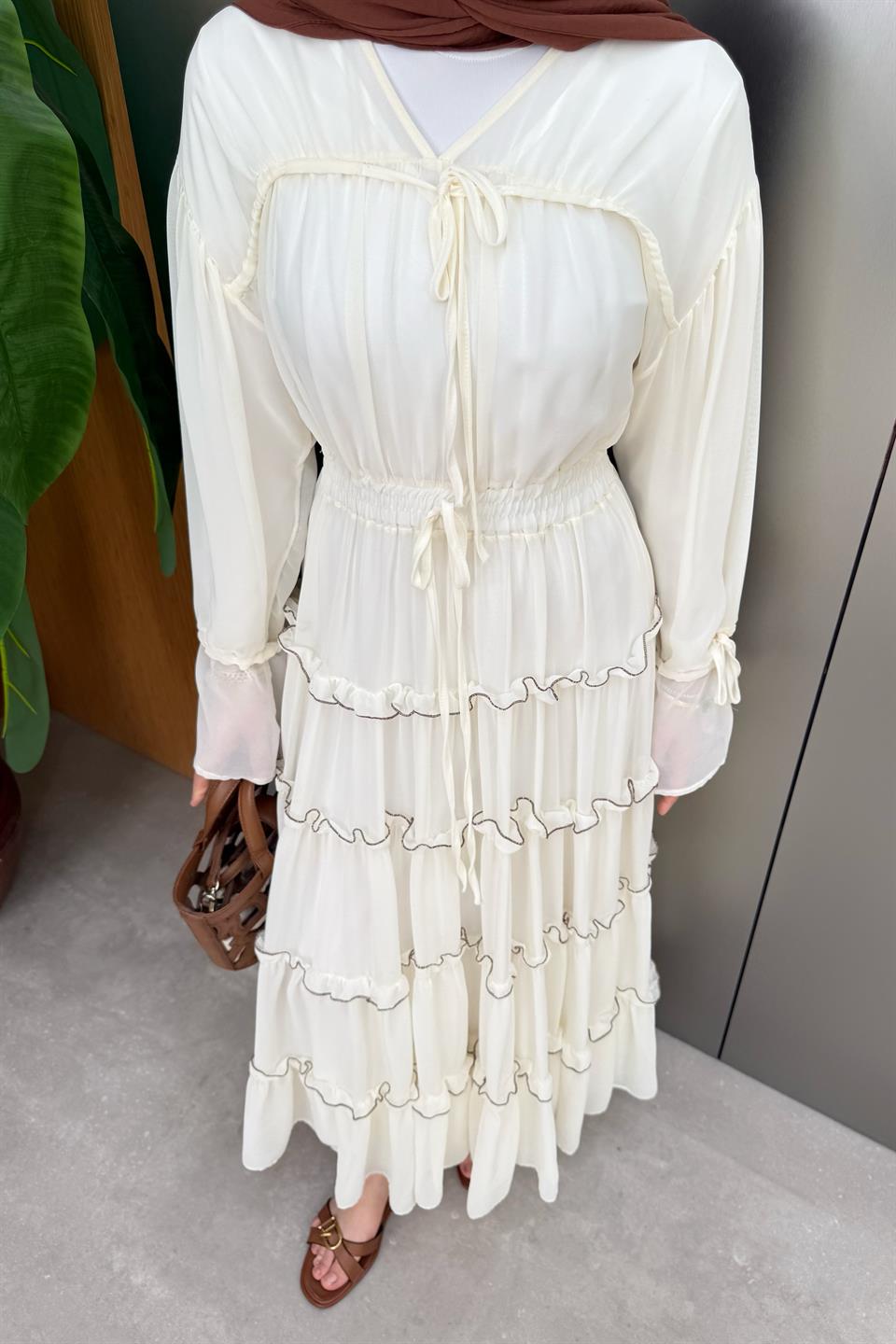 V-Neck Laced Chiffon Dress - Beige