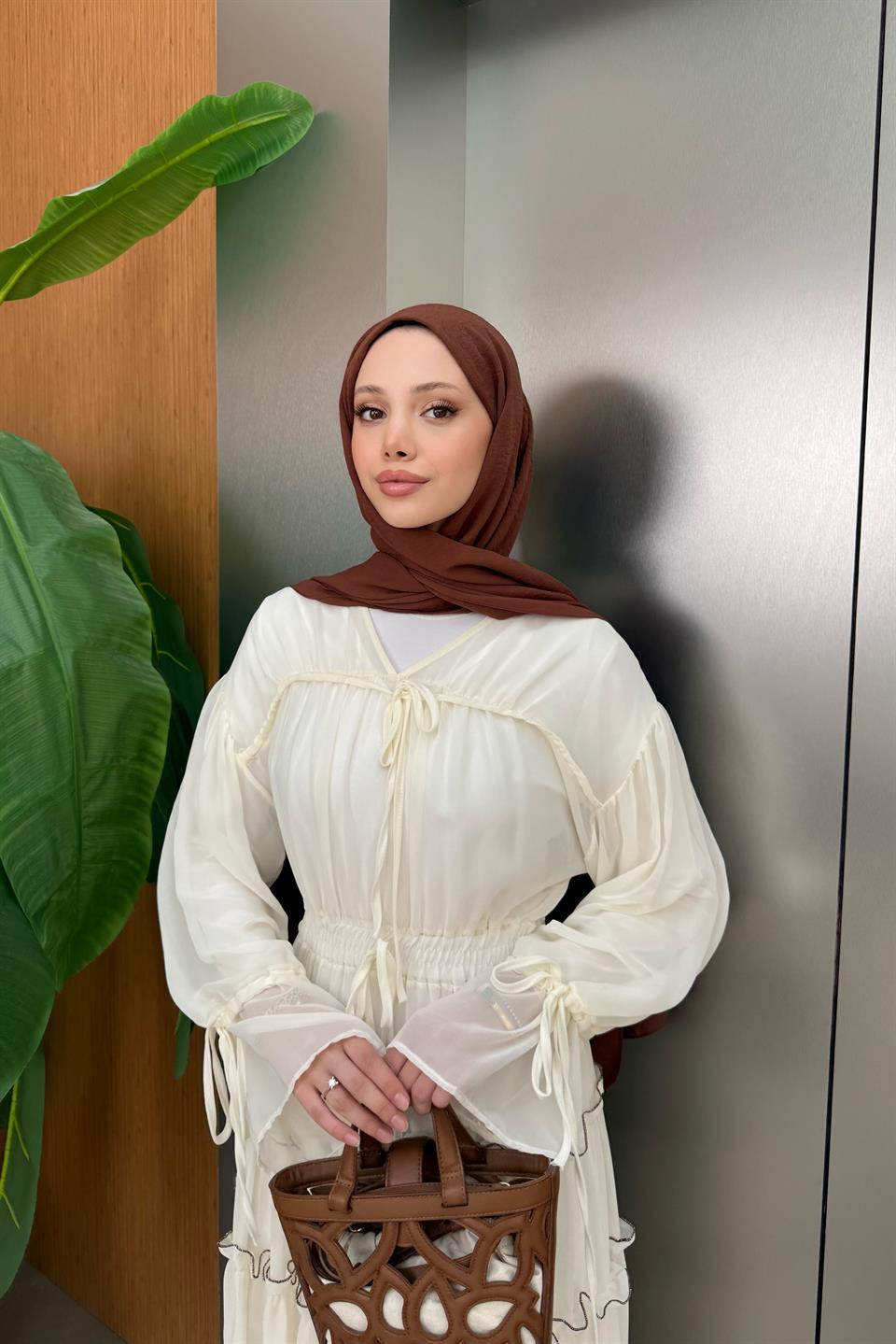 V-Neck Laced Chiffon Dress - Beige