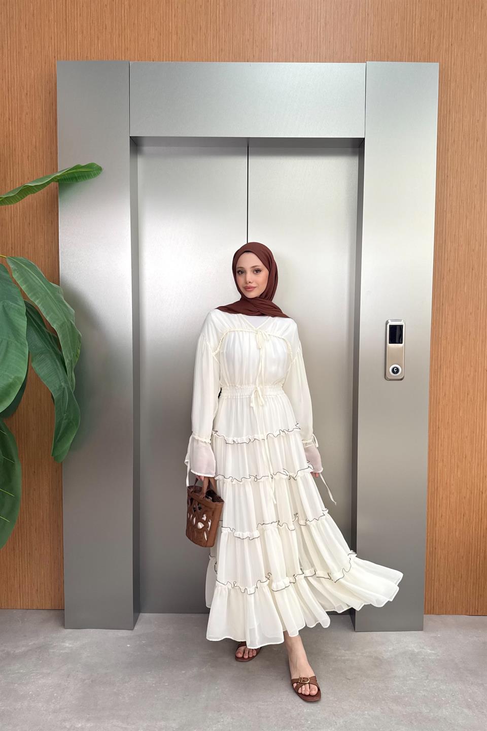 V-Neck Laced Chiffon Dress - Beige