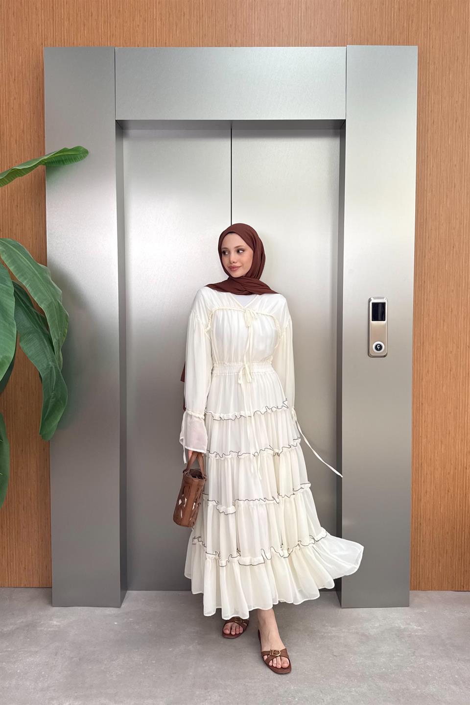 V-Neck Laced Chiffon Dress - Beige